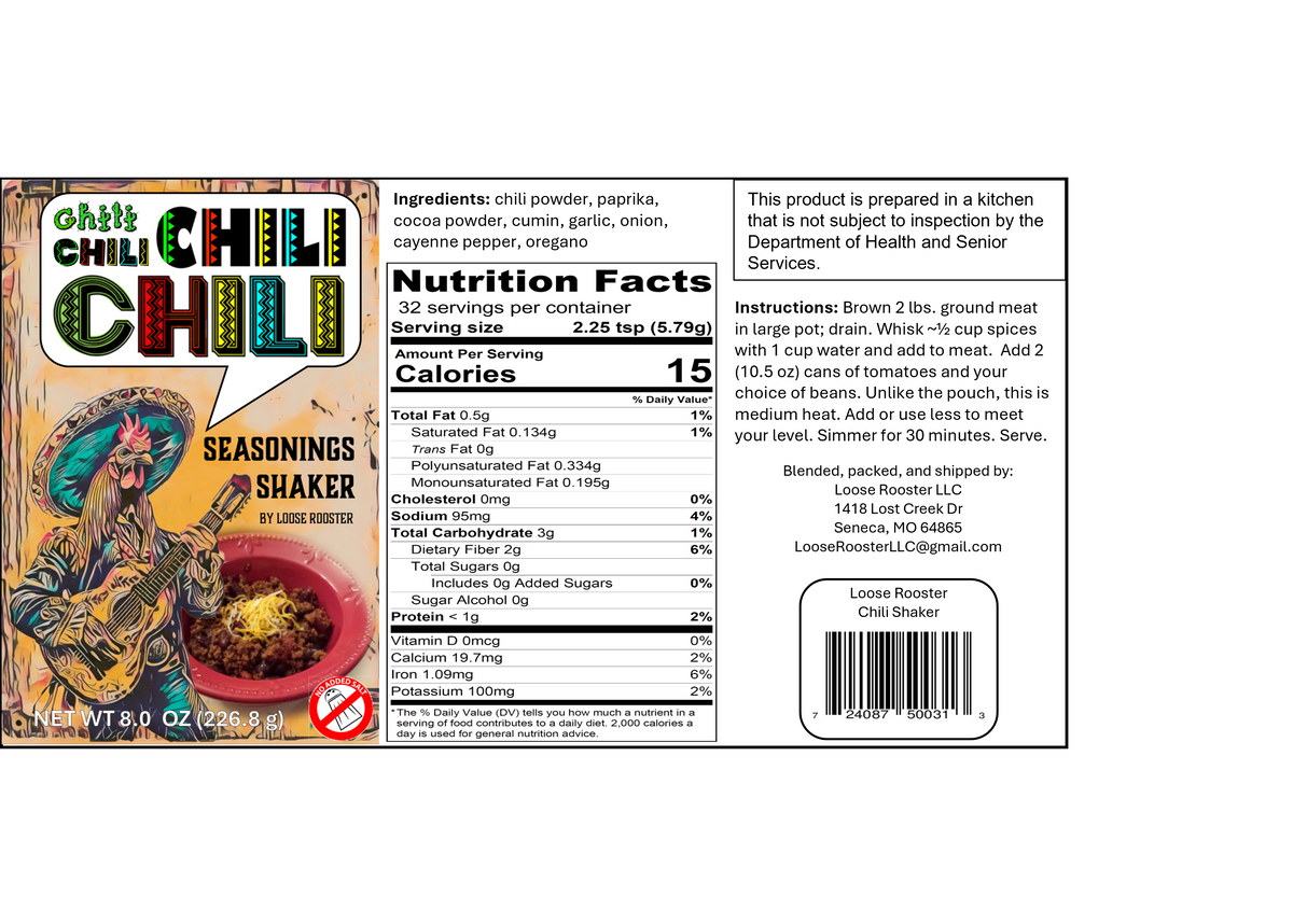 Loose Rooster's Chili Seasoning shaker
